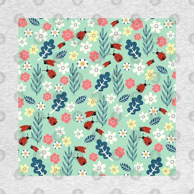 Spring meadow in bloom with ladybirds on green background by Arch4Design